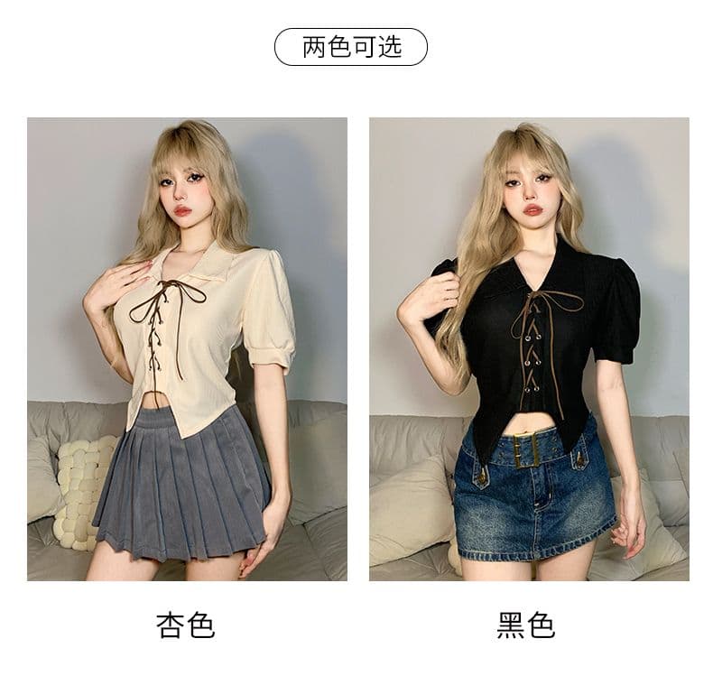 달콤함 디자인 센스 스트랩 몸매 가꾸기 POLO 칼라 반팔 여성 Chic 거품 소매 쇼트 스타일 맨위 봄 여름 상세 이미지 10