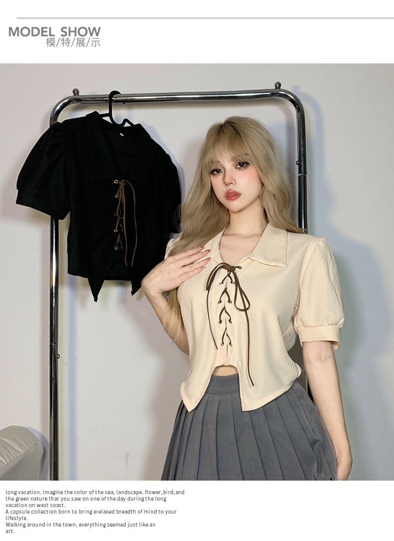 달콤함 디자인 센스 스트랩 몸매 가꾸기 POLO 칼라 반팔 여성 Chic 거품 소매 쇼트 스타일 맨위 봄 여름 상세 이미지 11