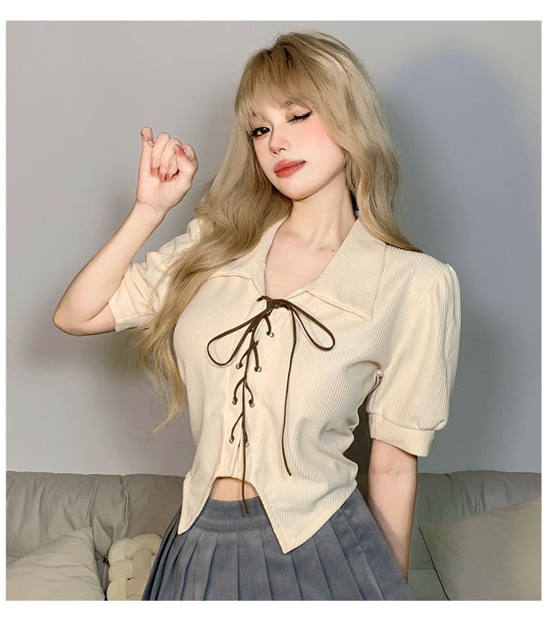 달콤함 디자인 센스 스트랩 몸매 가꾸기 POLO 칼라 반팔 여성 Chic 거품 소매 쇼트 스타일 맨위 봄 여름 상세 이미지 13