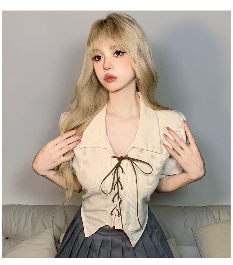 달콤함 디자인 센스 스트랩 몸매 가꾸기 POLO 칼라 반팔 여성 Chic 거품 소매 쇼트 스타일 맨위 봄 여름 상세 이미지 14