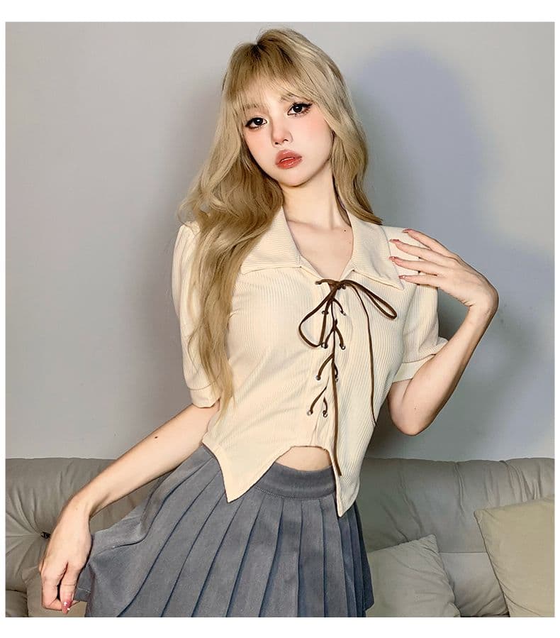 달콤함 디자인 센스 스트랩 몸매 가꾸기 POLO 칼라 반팔 여성 Chic 거품 소매 쇼트 스타일 맨위 봄 여름 상세 이미지 15