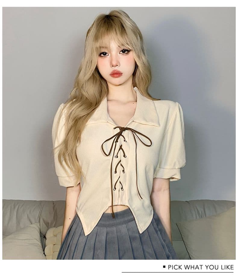 달콤함 디자인 센스 스트랩 몸매 가꾸기 POLO 칼라 반팔 여성 Chic 거품 소매 쇼트 스타일 맨위 봄 여름 상세 이미지 16