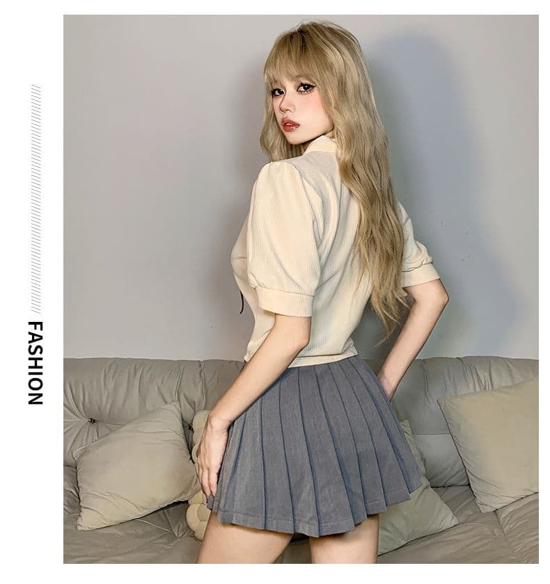 달콤함 디자인 센스 스트랩 몸매 가꾸기 POLO 칼라 반팔 여성 Chic 거품 소매 쇼트 스타일 맨위 봄 여름 상세 이미지 18