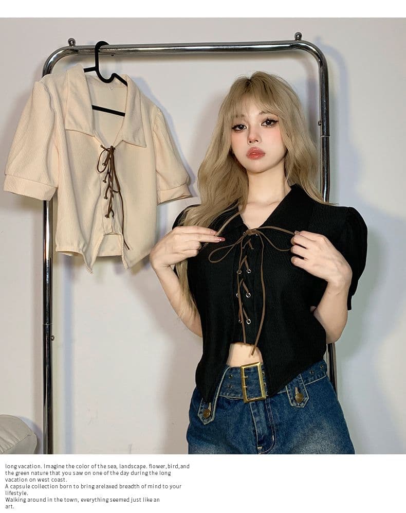 달콤함 디자인 센스 스트랩 몸매 가꾸기 POLO 칼라 반팔 여성 Chic 거품 소매 쇼트 스타일 맨위 봄 여름 상세 이미지 21