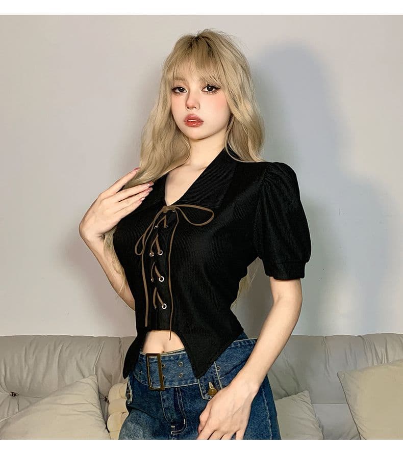 달콤함 디자인 센스 스트랩 몸매 가꾸기 POLO 칼라 반팔 여성 Chic 거품 소매 쇼트 스타일 맨위 봄 여름 상세 이미지 22