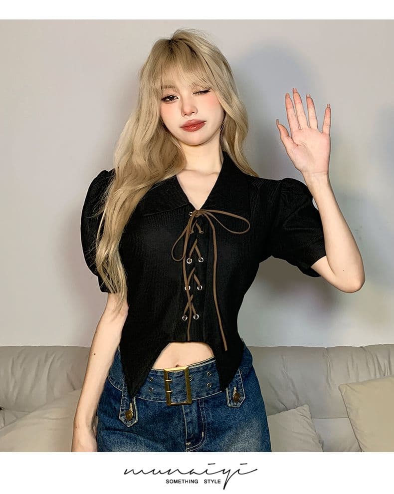 달콤함 디자인 센스 스트랩 몸매 가꾸기 POLO 칼라 반팔 여성 Chic 거품 소매 쇼트 스타일 맨위 봄 여름 상세 이미지 23