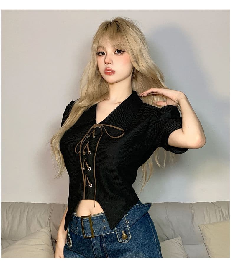 달콤함 디자인 센스 스트랩 몸매 가꾸기 POLO 칼라 반팔 여성 Chic 거품 소매 쇼트 스타일 맨위 봄 여름 상세 이미지 24