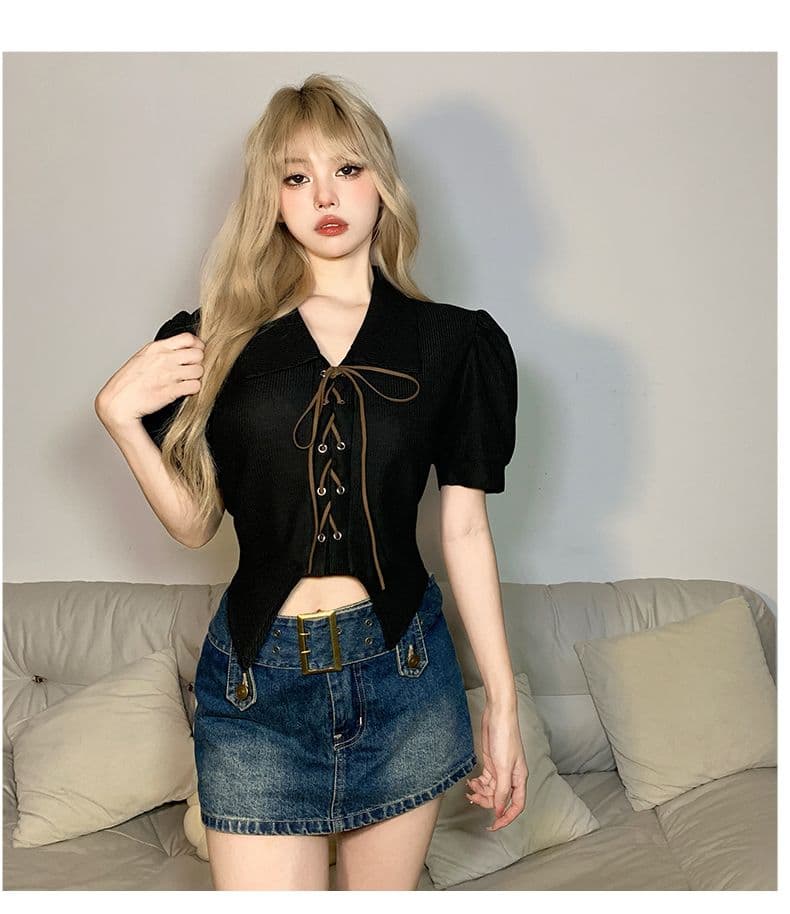 달콤함 디자인 센스 스트랩 몸매 가꾸기 POLO 칼라 반팔 여성 Chic 거품 소매 쇼트 스타일 맨위 봄 여름 상세 이미지 25