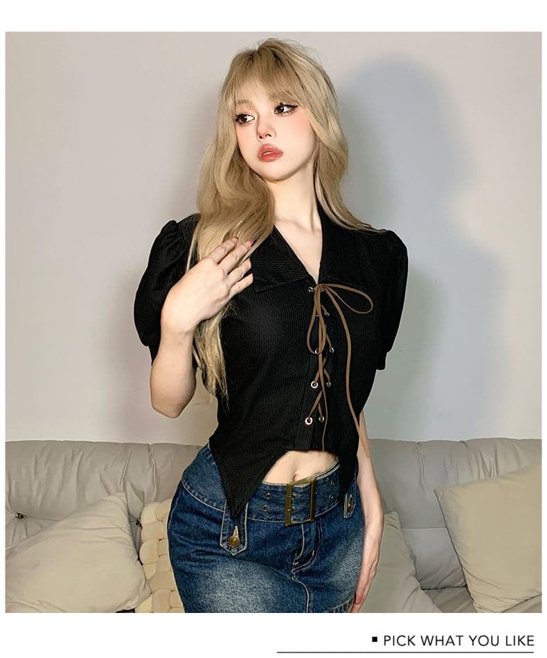 달콤함 디자인 센스 스트랩 몸매 가꾸기 POLO 칼라 반팔 여성 Chic 거품 소매 쇼트 스타일 맨위 봄 여름 상세 이미지 26