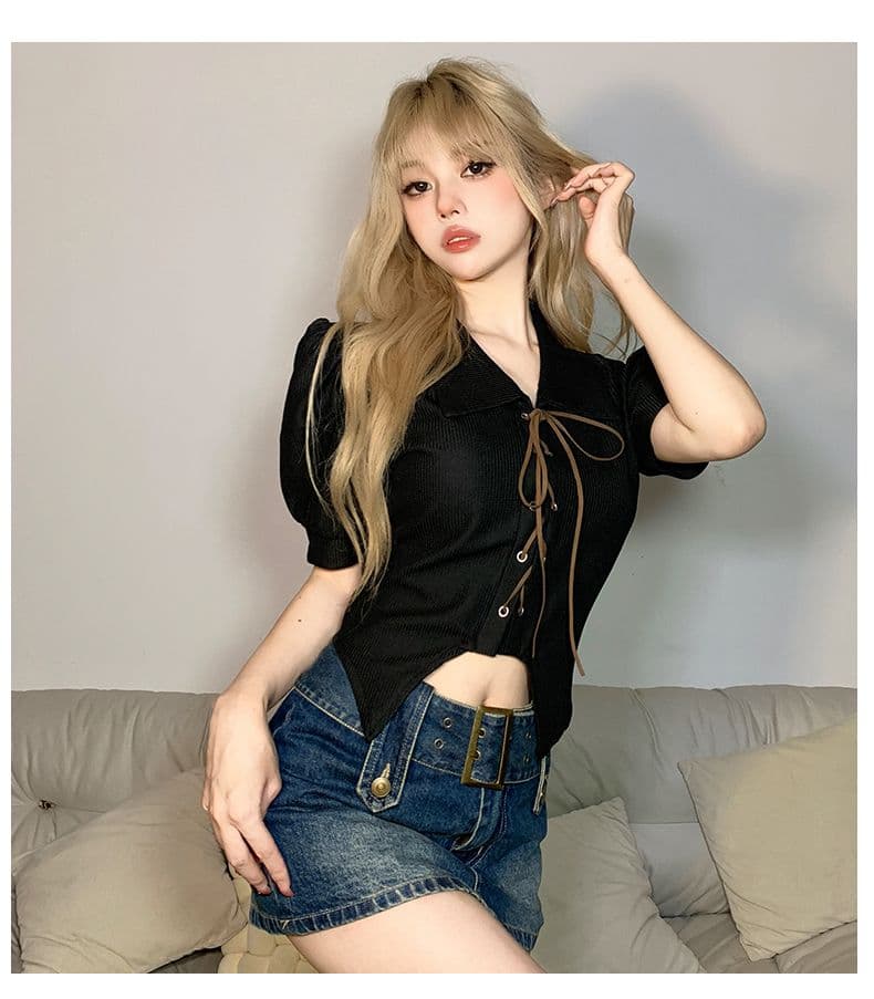 달콤함 디자인 센스 스트랩 몸매 가꾸기 POLO 칼라 반팔 여성 Chic 거품 소매 쇼트 스타일 맨위 봄 여름 상세 이미지 27