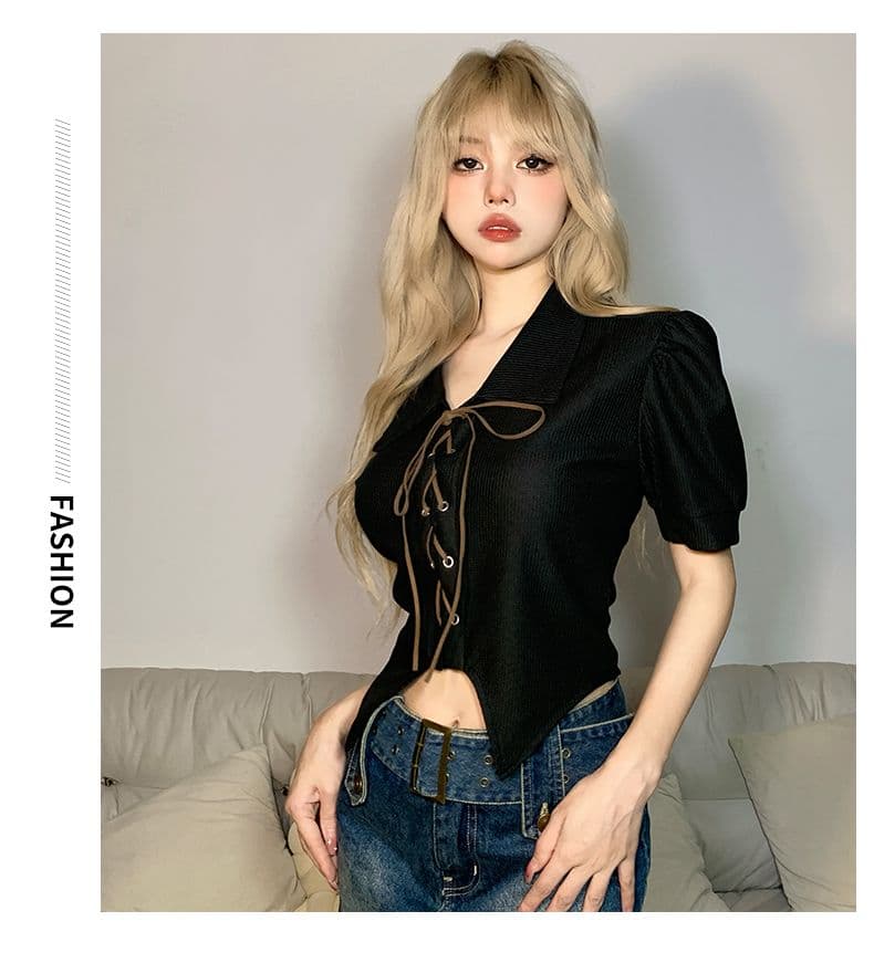 달콤함 디자인 센스 스트랩 몸매 가꾸기 POLO 칼라 반팔 여성 Chic 거품 소매 쇼트 스타일 맨위 봄 여름 상세 이미지 28