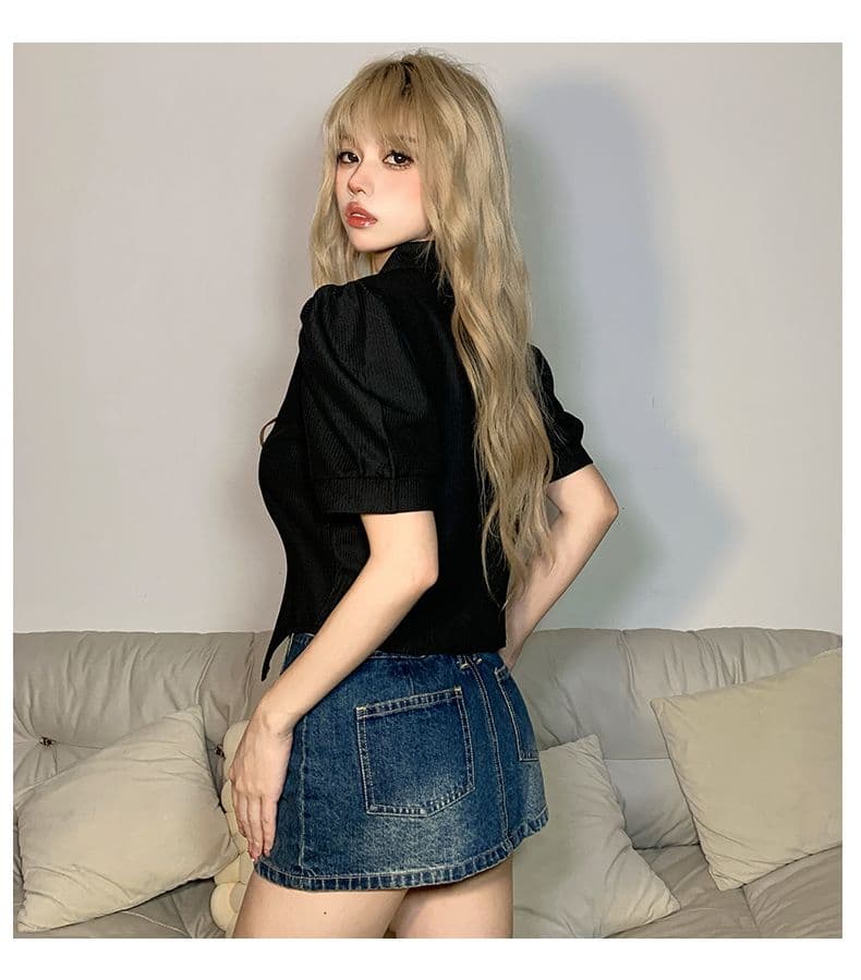 달콤함 디자인 센스 스트랩 몸매 가꾸기 POLO 칼라 반팔 여성 Chic 거품 소매 쇼트 스타일 맨위 봄 여름 상세 이미지 29