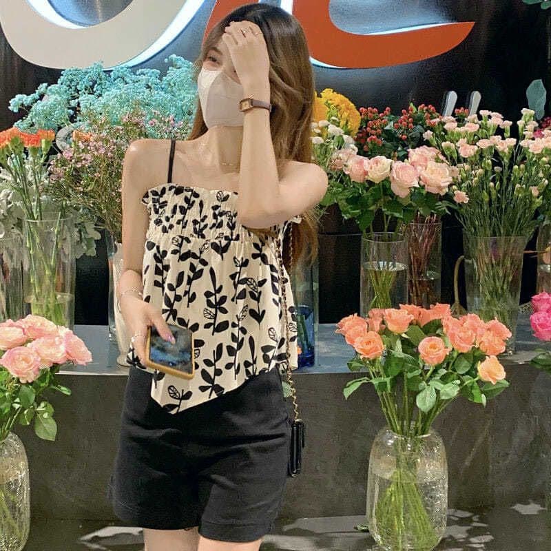 조기 여름 후지코 레트로 쌀 바닥 나뭇잎 꽃 캐미솔 여름 신선함 달콤한 스타일 프린트 캐미솔 맨위 이미지 3