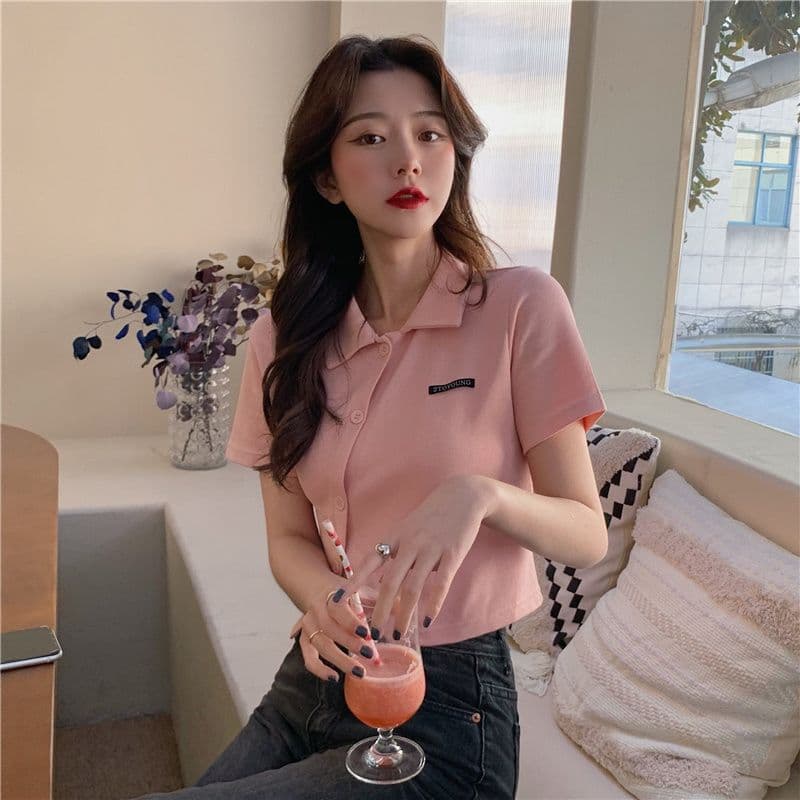 한 부서 착용 가져 가라. 긍정적 인 어깨 티셔츠 여성 여름 지방 mm 반팔 디자인 센스 작은 대중 POLO 셔츠 쇼트 스타일 표지 배