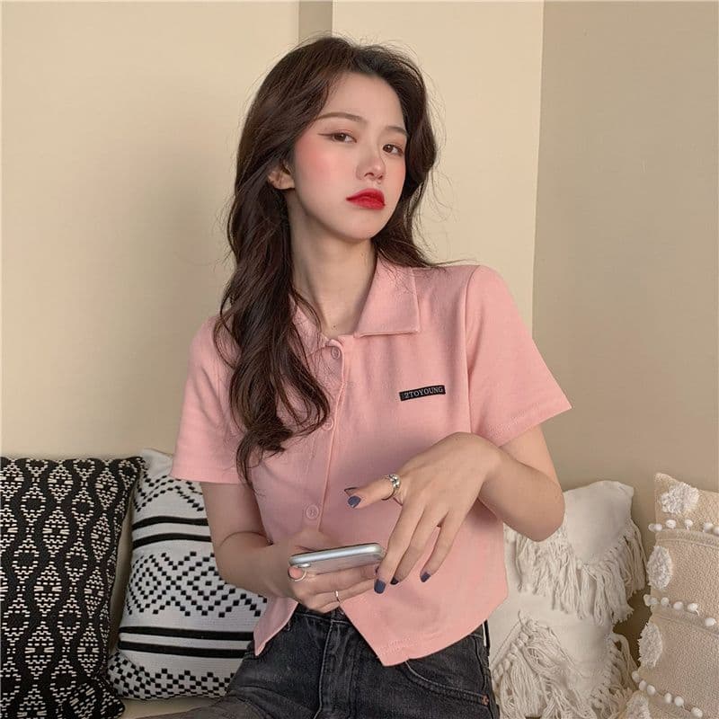 한 부서 착용 가져 가라. 긍정적 인 어깨 티셔츠 여성 여름 지방 mm 반팔 디자인 센스 작은 대중 POLO 셔츠 쇼트 스타일 표지 배 이미지 3