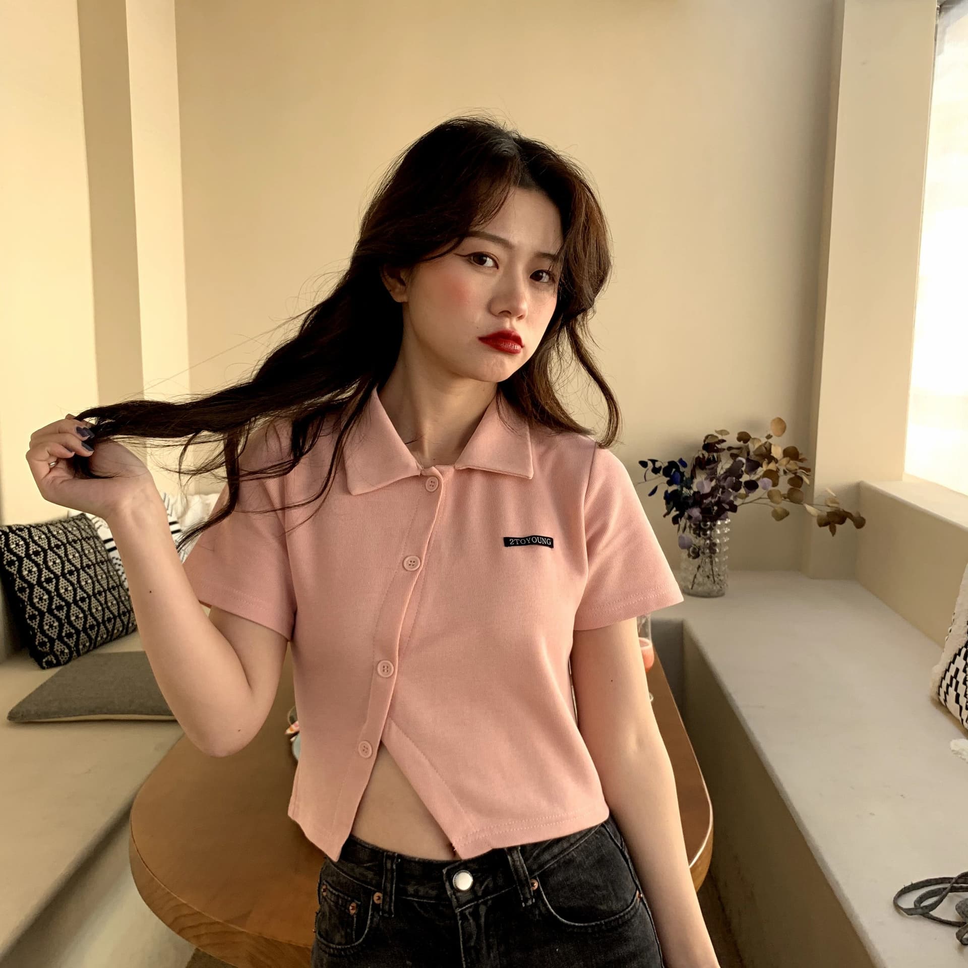 한 부서 착용 가져 가라. 긍정적 인 어깨 티셔츠 여성 여름 지방 mm 반팔 디자인 센스 작은 대중 POLO 셔츠 쇼트 스타일 표지 배 상세 이미지 15