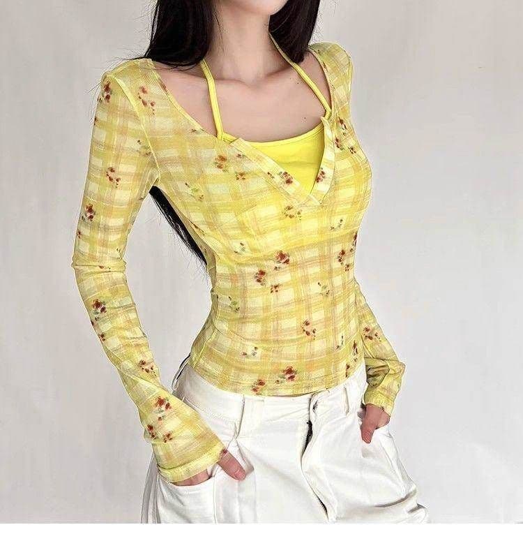핫걸 꽃무늬 체크무늬 페이크 레이어드 얇은 스타일 긴팔 티셔츠 여성 이른 가을 새로운 몸매 가꾸기 슬림해 보이는 쇼트 스타일 맨위 상세 이미지 3