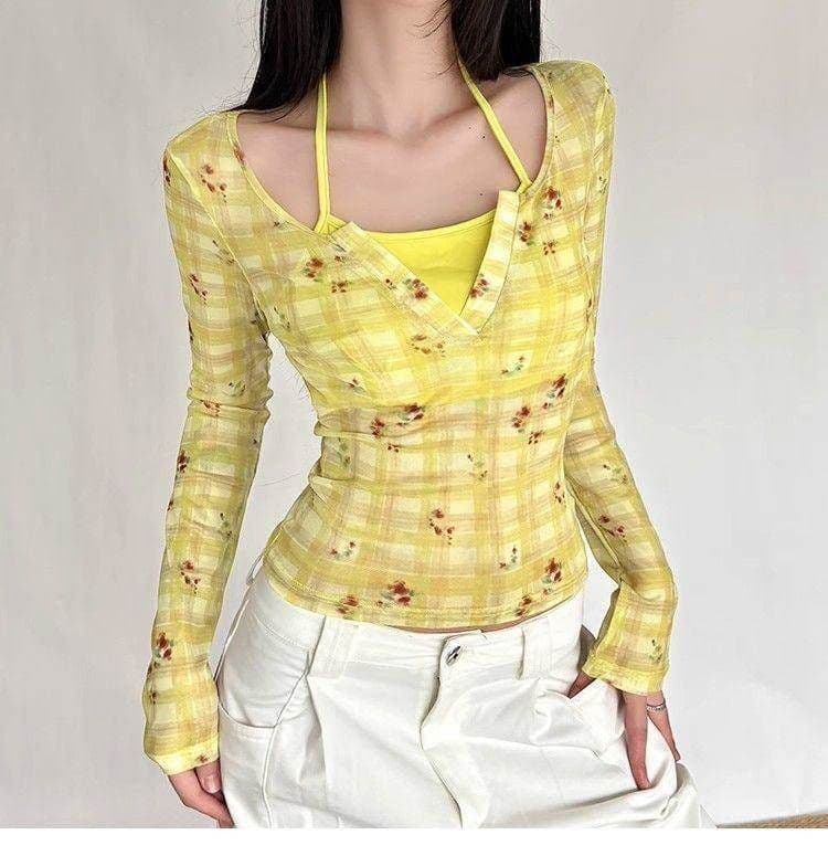 핫걸 꽃무늬 체크무늬 페이크 레이어드 얇은 스타일 긴팔 티셔츠 여성 이른 가을 새로운 몸매 가꾸기 슬림해 보이는 쇼트 스타일 맨위 상세 이미지 4