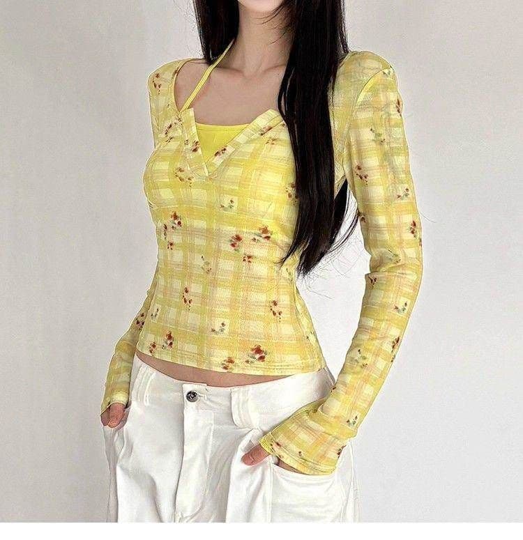 핫걸 꽃무늬 체크무늬 페이크 레이어드 얇은 스타일 긴팔 티셔츠 여성 이른 가을 새로운 몸매 가꾸기 슬림해 보이는 쇼트 스타일 맨위 상세 이미지 8