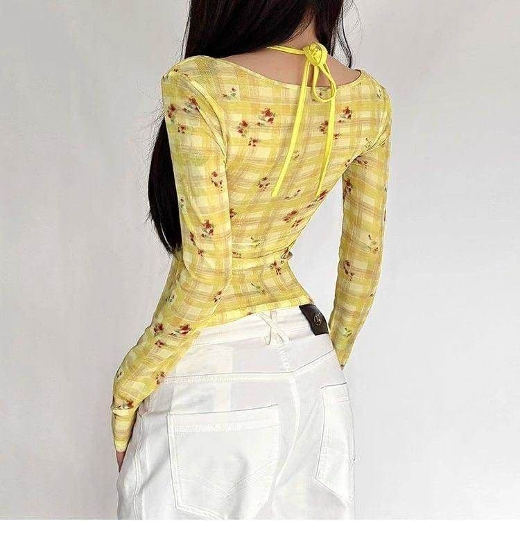 핫걸 꽃무늬 체크무늬 페이크 레이어드 얇은 스타일 긴팔 티셔츠 여성 이른 가을 새로운 몸매 가꾸기 슬림해 보이는 쇼트 스타일 맨위 상세 이미지 9
