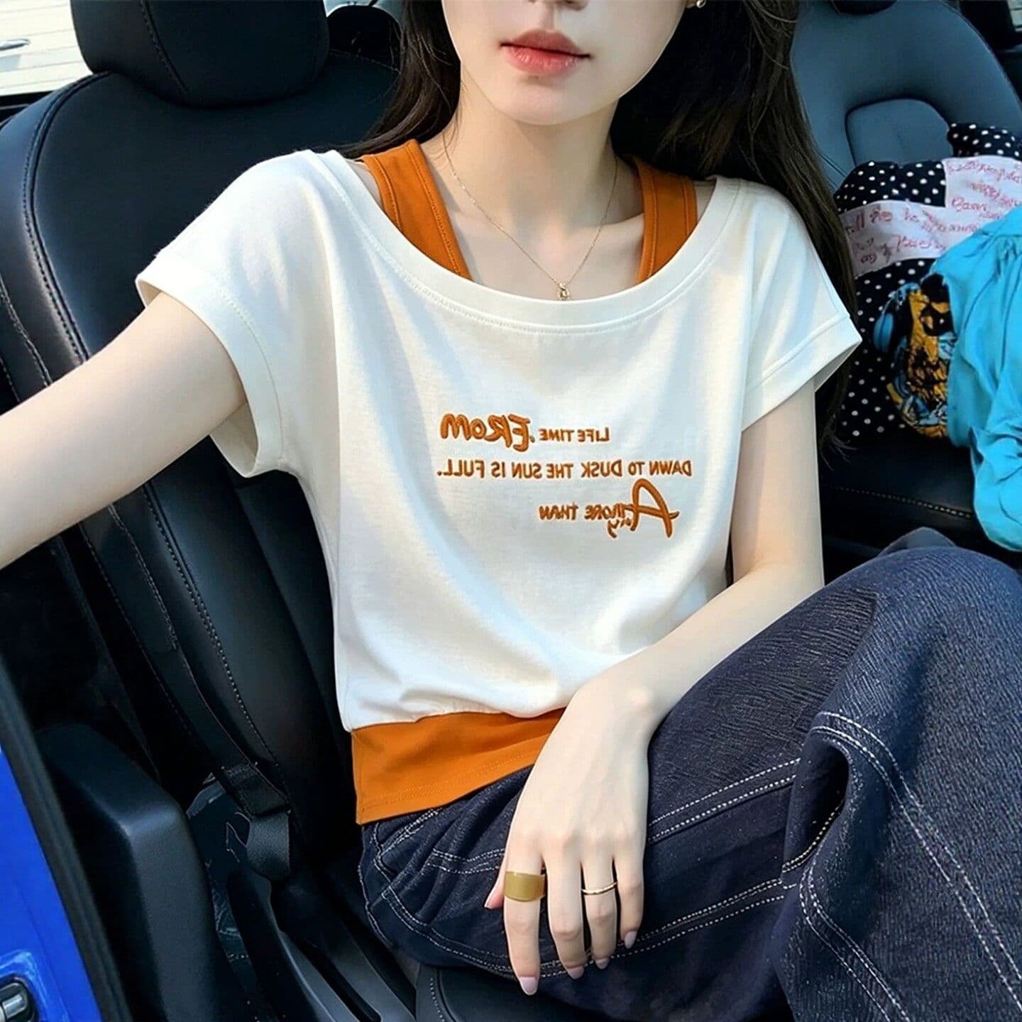 260 그램 사람들 면 리브 92 접착제 8 암모니아 Lun 배색 페이크 레이어드 알파벳 프린트 반팔 티셔츠 여성 여름 맨위 이미지 2
