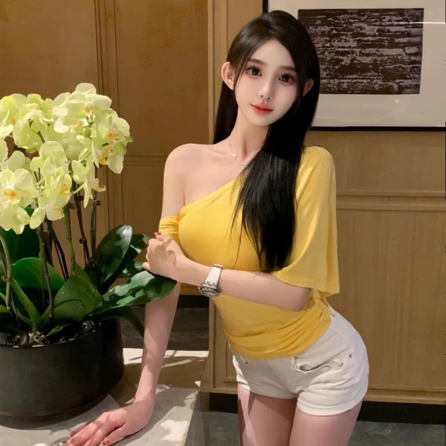 원본 것 핫걸 비스듬한 어깨 반팔 티셔츠 불규칙 순수한 욕망 맨위 이미지 2