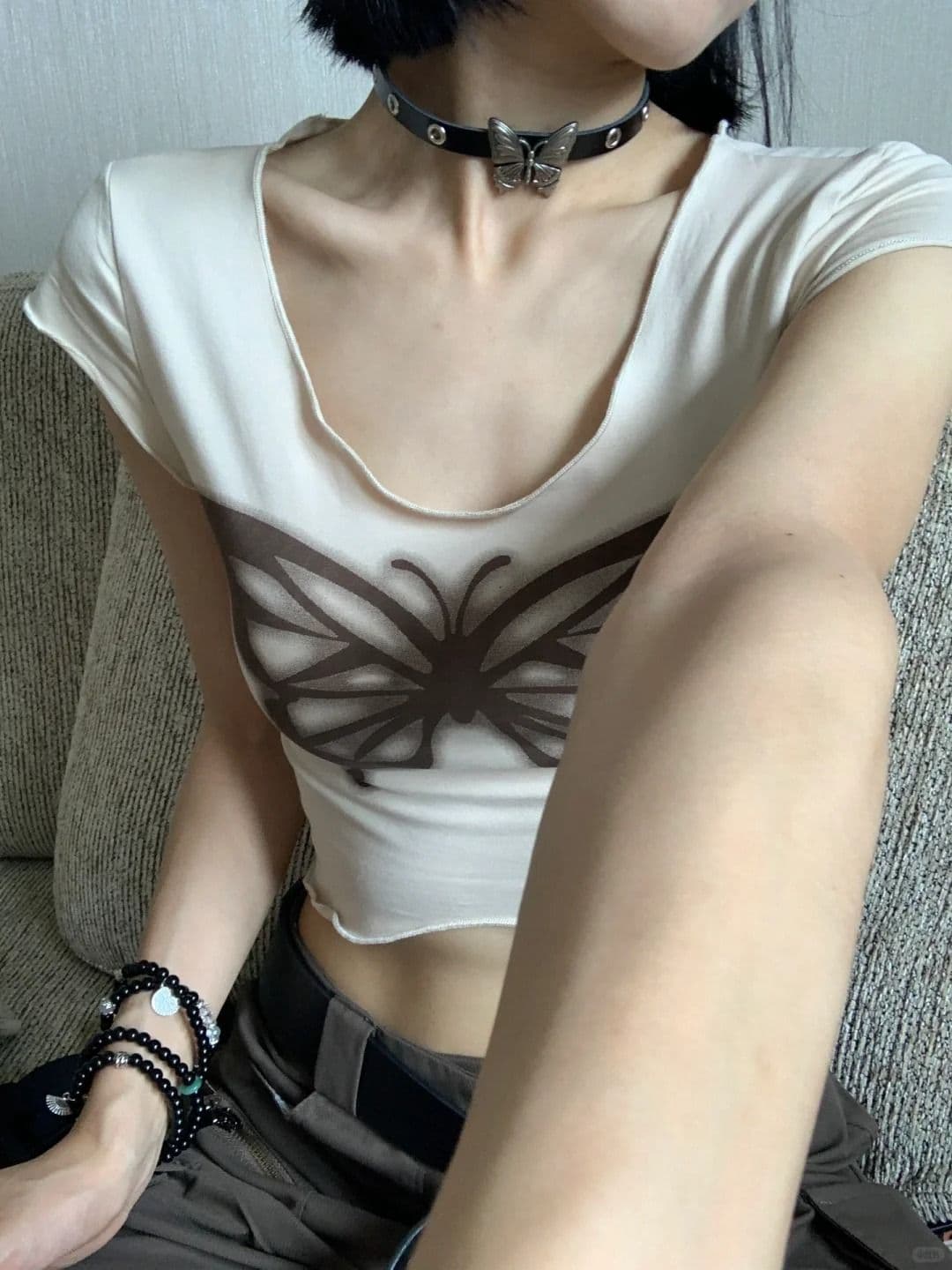 원본 품질 핫걸 레트로 나비 프린트 반팔 티셔츠 여성 여름 상세 이미지 6