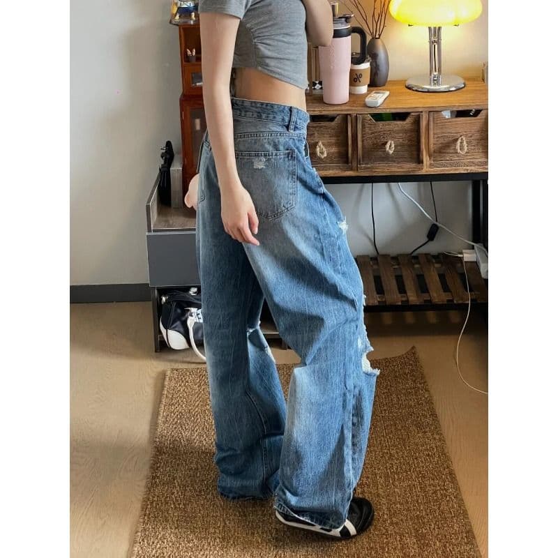 워싱 찢어진 부분 넓은 다리 청바지 여성 여름 새로운 작은 키 하이웨이스트 루즈핏 슬림해 보이는 다용도 바닥 청소 스트레이트 팬츠