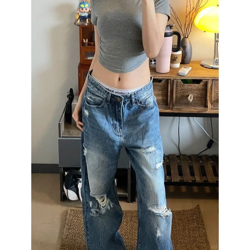 워싱 찢어진 부분 넓은 다리 청바지 여성 여름 새로운 작은 키 하이웨이스트 루즈핏 슬림해 보이는 다용도 바닥 청소 스트레이트 팬츠 이미지 4