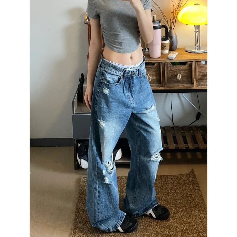 워싱 찢어진 부분 넓은 다리 청바지 여성 여름 새로운 작은 키 하이웨이스트 루즈핏 슬림해 보이는 다용도 바닥 청소 스트레이트 팬츠 이미지 2