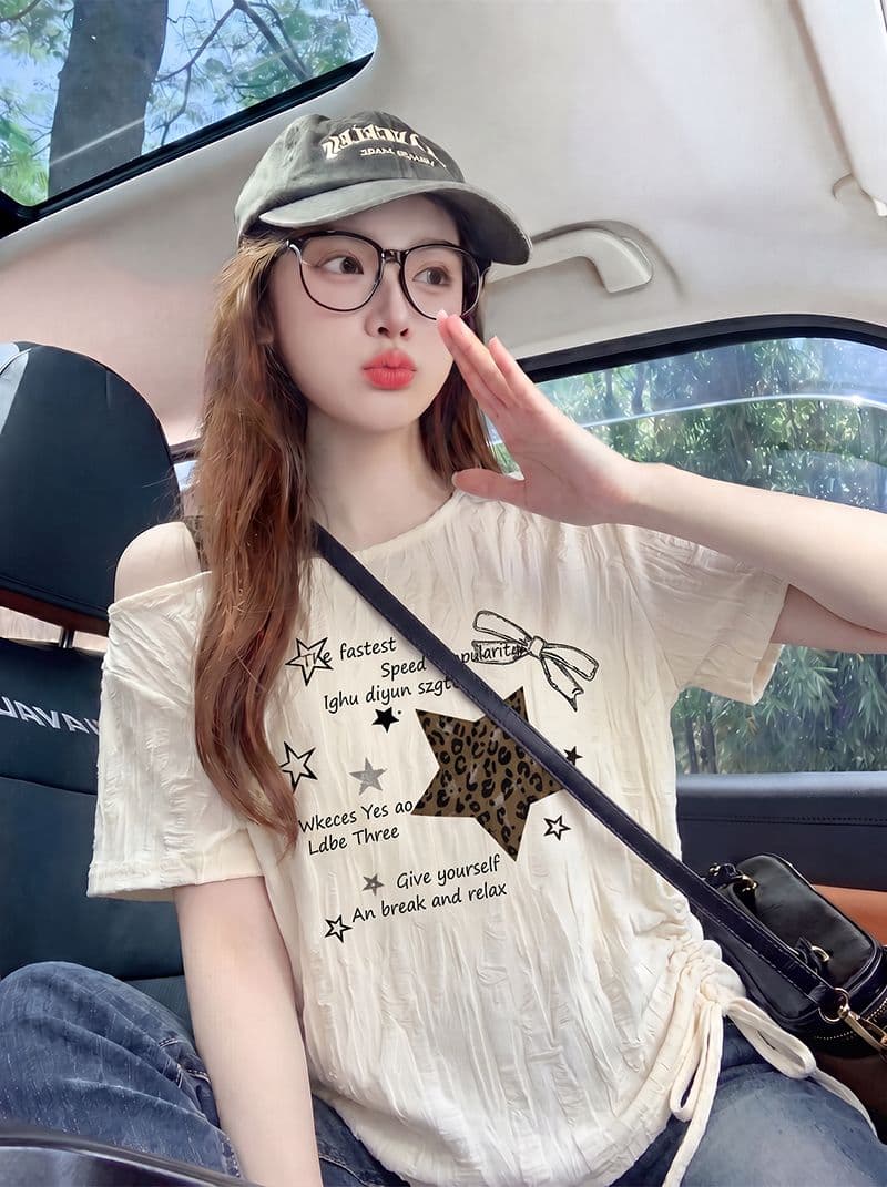 지 발표 160 그램 반팔 티셔츠 여성 여름 새로운 페이크 레이어드 디자인 센스 허리 수축 비스듬한 어깨 칼라 맨위 이미지 4