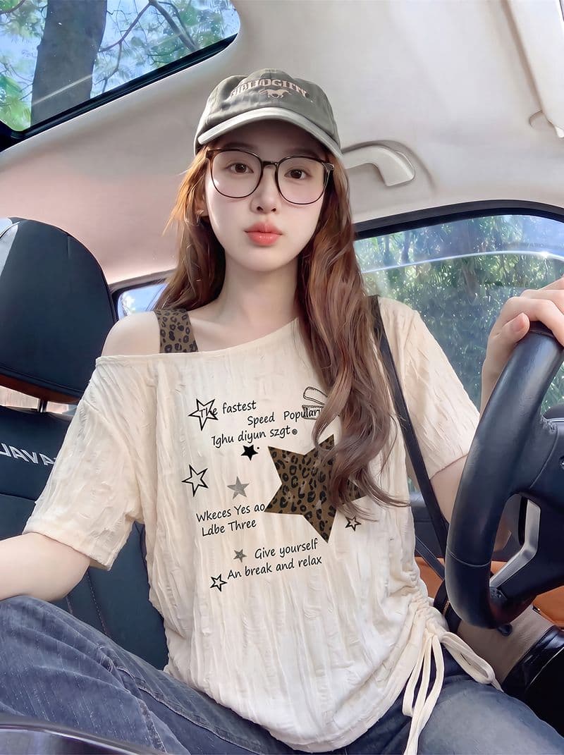 지 발표 160 그램 반팔 티셔츠 여성 여름 새로운 페이크 레이어드 디자인 센스 허리 수축 비스듬한 어깨 칼라 맨위 상세 이미지 5