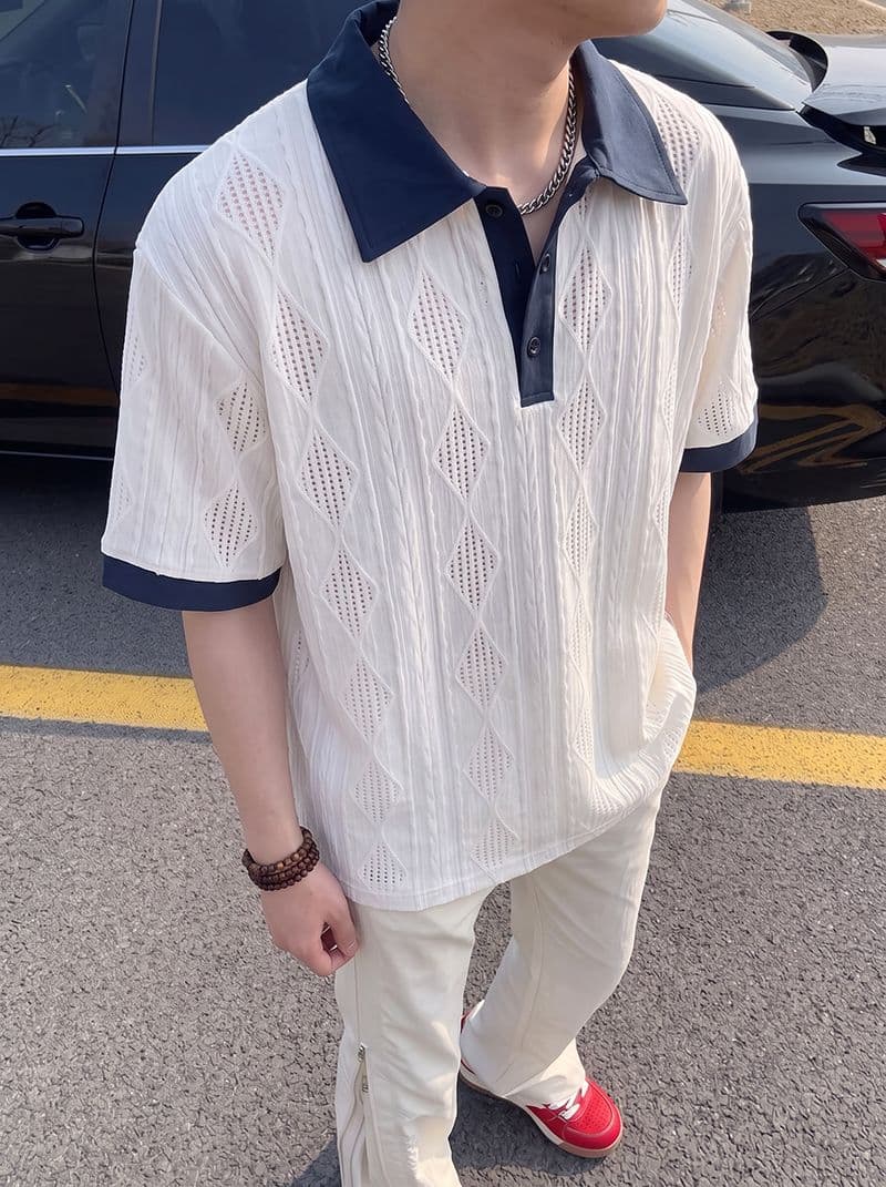 자카드 원단 반팔 티셔츠 남녀 커플룩 트렌디 여름 새로운 홀로우 아웃 배색 POLO 칼라 맨위 상세 이미지 5