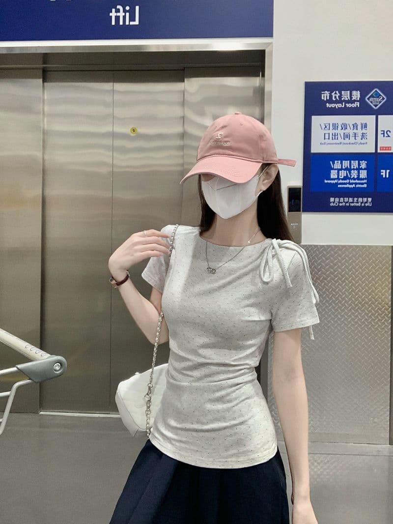 반팔 티셔츠 여성 의류 여름 새로운 트렌디 한 부서 디자인 센스 도트 무늬 몸매 가꾸기 슬림해 보이는 라운드 넥 맨위 상세 이미지 5