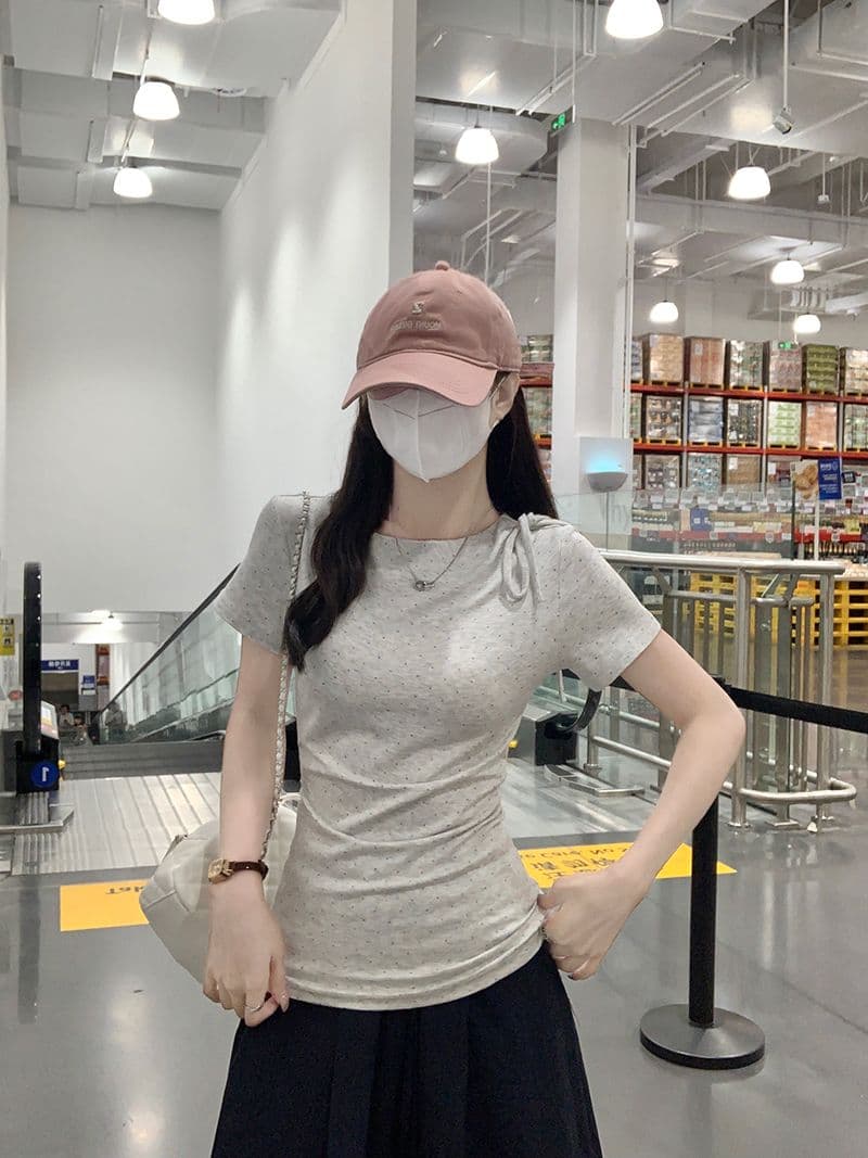 반팔 티셔츠 여성 의류 여름 새로운 트렌디 한 부서 디자인 센스 도트 무늬 몸매 가꾸기 슬림해 보이는 라운드 넥 맨위 상세 이미지 10