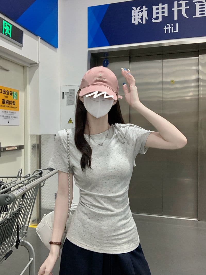 반팔 티셔츠 여성 의류 여름 새로운 트렌디 한 부서 디자인 센스 도트 무늬 몸매 가꾸기 슬림해 보이는 라운드 넥 맨위 상세 이미지 12