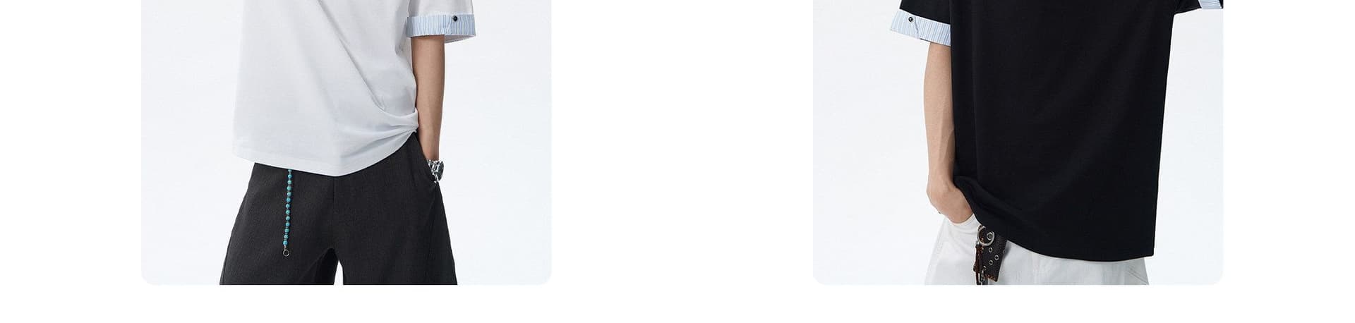 더블 실 순면 반팔 티셔츠 남녀 커플룩 여름 한 부서 스트라이프 단추 루즈핏 라운드 넥 맨위 상세 이미지 4