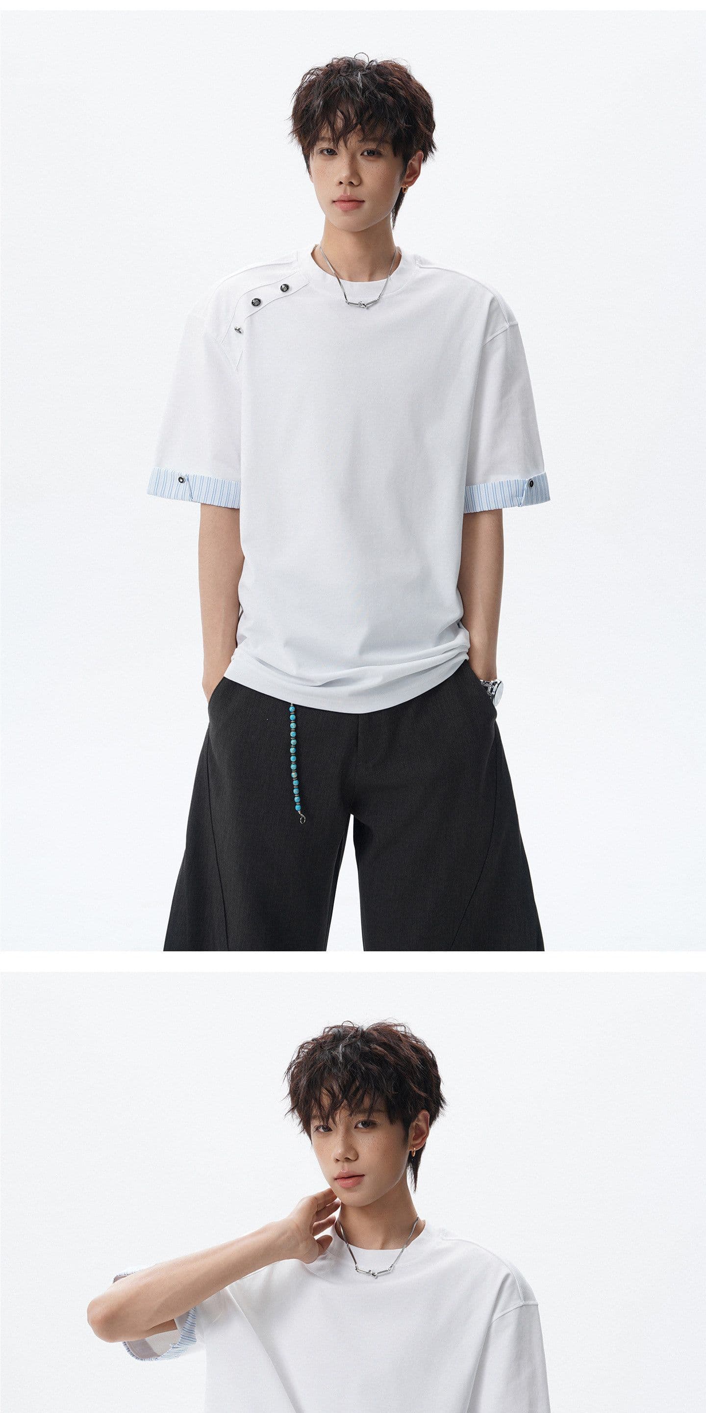 더블 실 순면 반팔 티셔츠 남녀 커플룩 여름 한 부서 스트라이프 단추 루즈핏 라운드 넥 맨위 상세 이미지 5