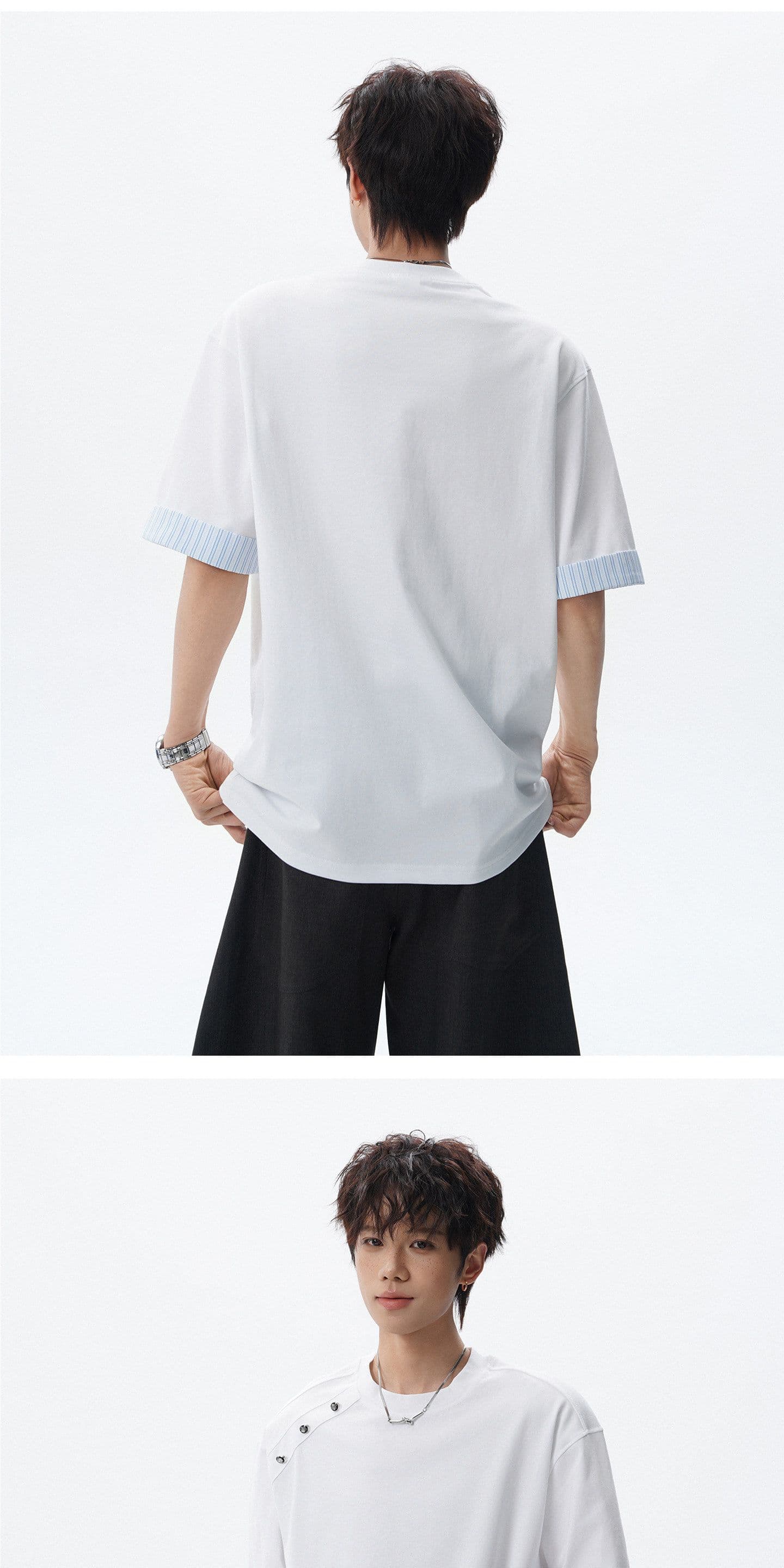 더블 실 순면 반팔 티셔츠 남녀 커플룩 여름 한 부서 스트라이프 단추 루즈핏 라운드 넥 맨위 상세 이미지 7