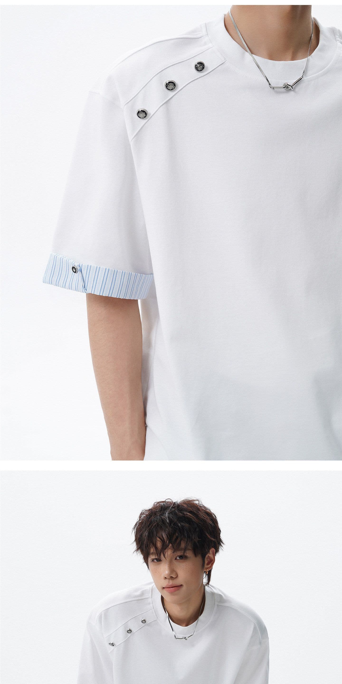 더블 실 순면 반팔 티셔츠 남녀 커플룩 여름 한 부서 스트라이프 단추 루즈핏 라운드 넥 맨위 상세 이미지 11