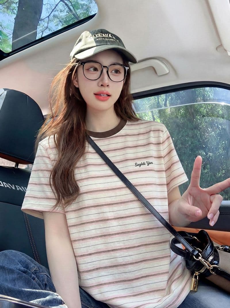 210 그램 스트라이프 반팔 티셔츠 여성 의류 여름 새로운 트렌디 작은 샤넬 스타일 알파벳 자수 라운드 넥 맨위 이미지 2