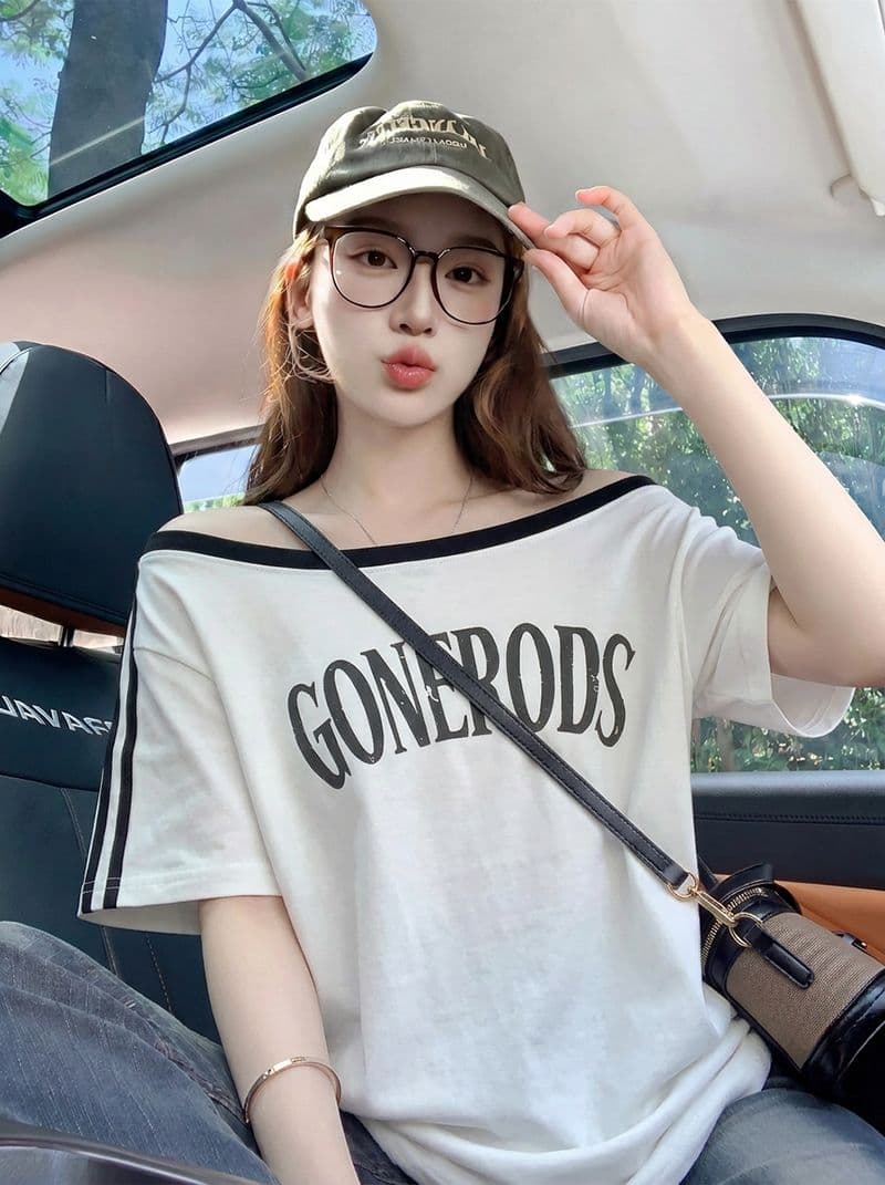 220 그램 순면 반팔 티셔츠 여성 의류 여름 새로운 루즈핏 한 부서 오프숄더 배색 비스듬한 칼라 맨위 이미지 3