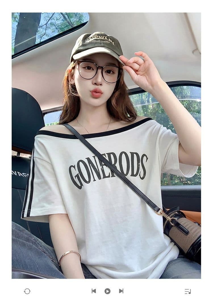220 그램 순면 반팔 티셔츠 여성 의류 여름 새로운 루즈핏 한 부서 오프숄더 배색 비스듬한 칼라 맨위 상세 이미지 1