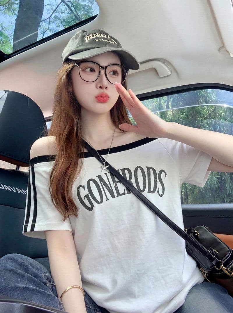 220 그램 순면 반팔 티셔츠 여성 의류 여름 새로운 루즈핏 한 부서 오프숄더 배색 비스듬한 칼라 맨위 상세 이미지 10