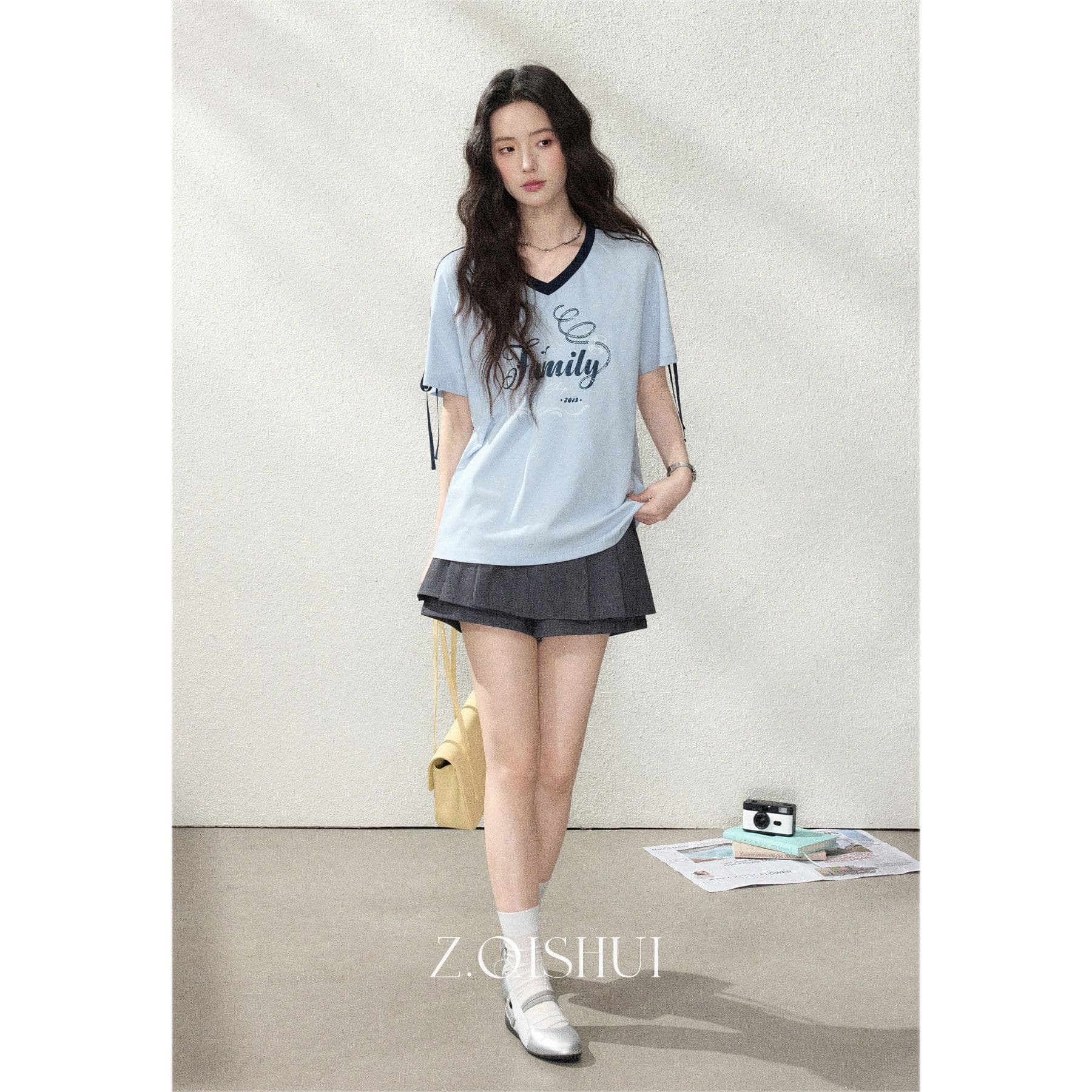 반팔 티셔츠 여성 의류 여름 새로운 루즈핏 한 부서 나비 매듭 스트랩 프린트 배색 V넥 맨위 이미지 4