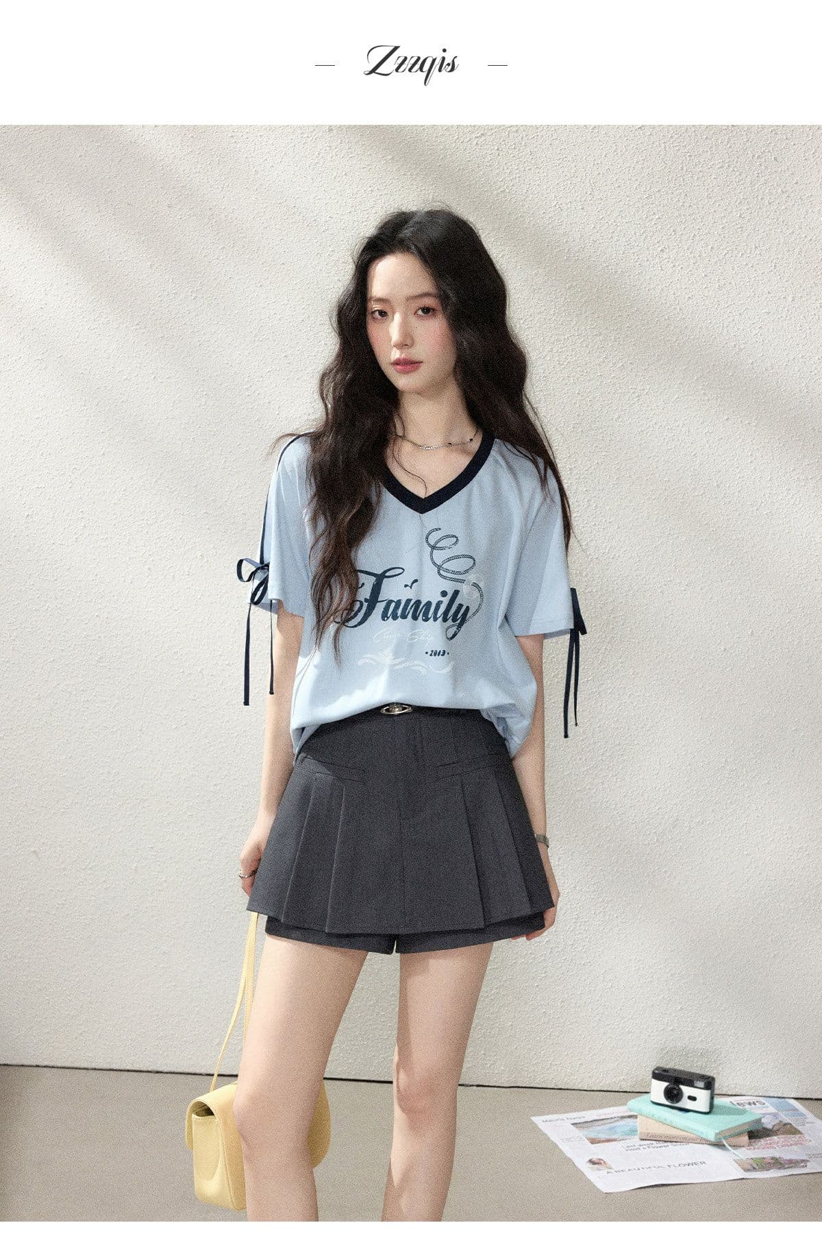반팔 티셔츠 여성 의류 여름 새로운 루즈핏 한 부서 나비 매듭 스트랩 프린트 배색 V넥 맨위 상세 이미지 7