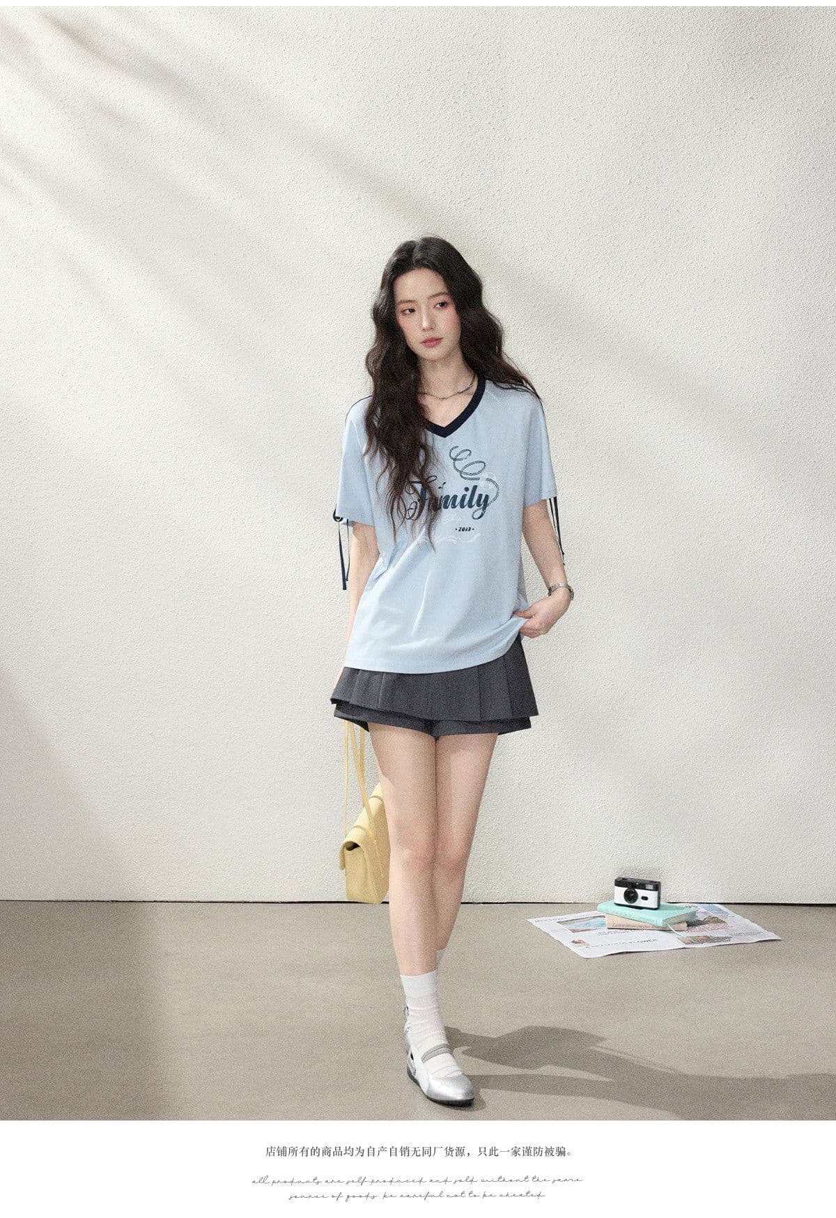 반팔 티셔츠 여성 의류 여름 새로운 루즈핏 한 부서 나비 매듭 스트랩 프린트 배색 V넥 맨위 상세 이미지 11