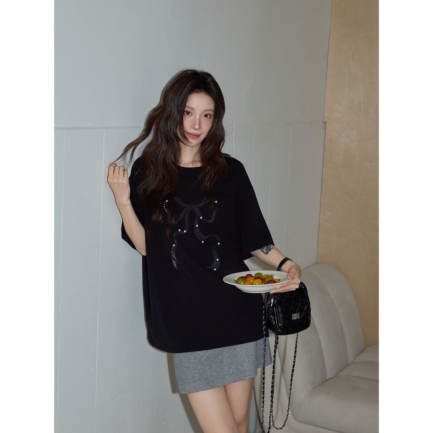 반팔 티셔츠 여성 의류 여름 새로운 루즈핏 작은 샤넬 스타일 수공 비즈 가시 자수 라운드 넥 맨위