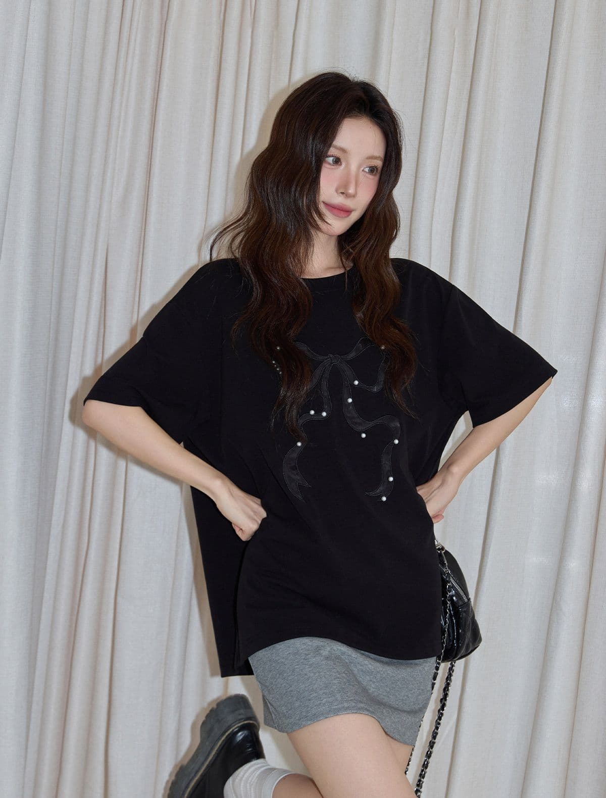 반팔 티셔츠 여성 의류 여름 새로운 루즈핏 작은 샤넬 스타일 수공 비즈 가시 자수 라운드 넥 맨위 이미지 3