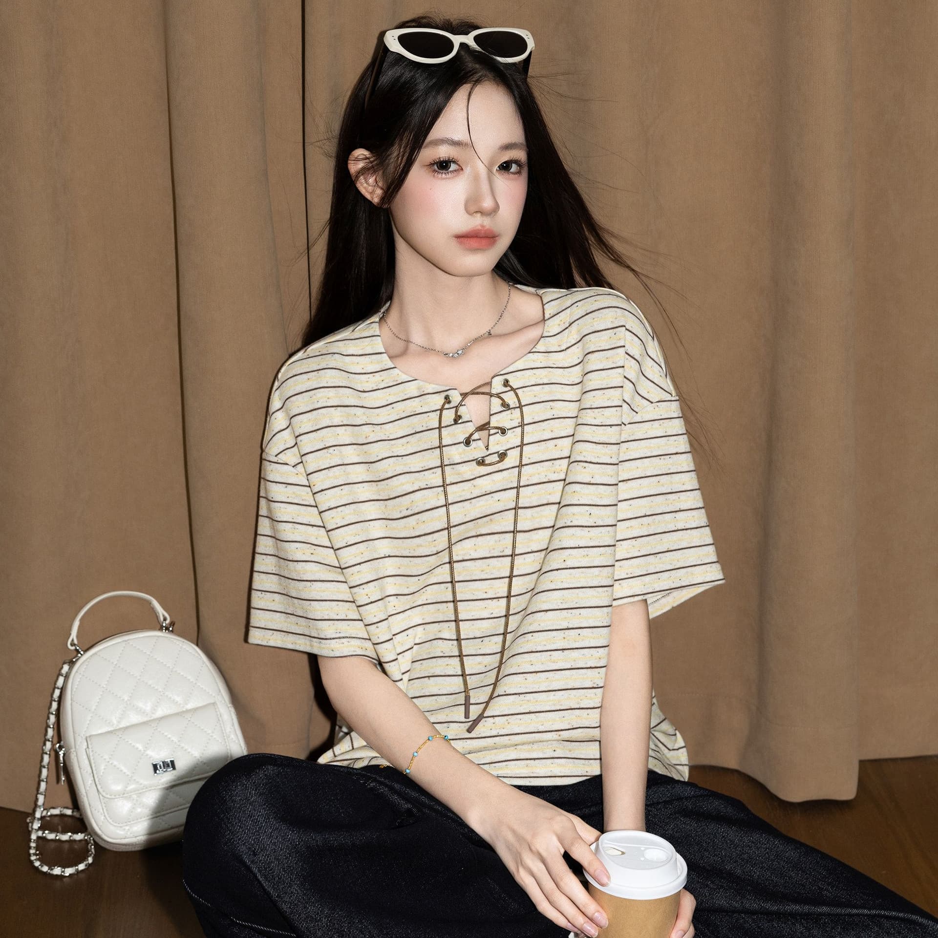 원본 260 그램 반팔 티셔츠 여성 의류 여름 새로운 한 부서 스트랩 아메리칸 스트라이프 V넥 맨위